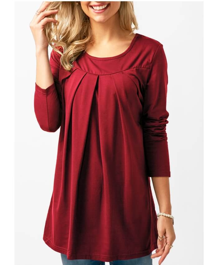 Long Sleeve Round Neck Pleated T Shirt